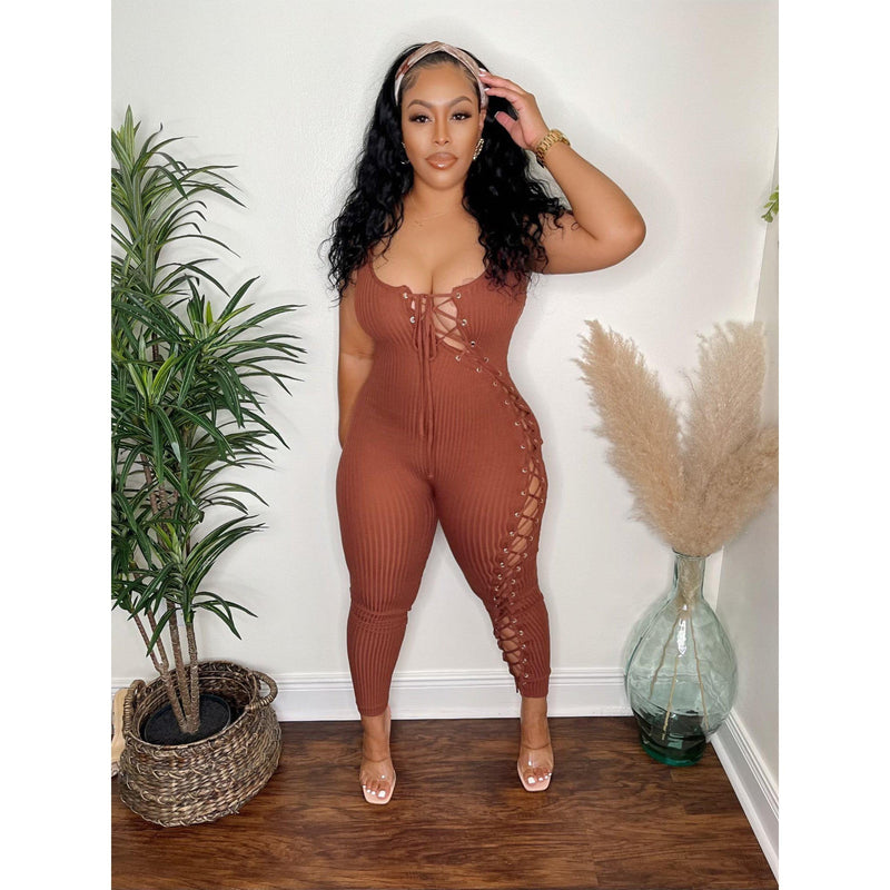 All Laced Up Ribbed Knit Jumpsuit-Brown-Jumpsuit & Rompers-La Femme Chic Boutique
