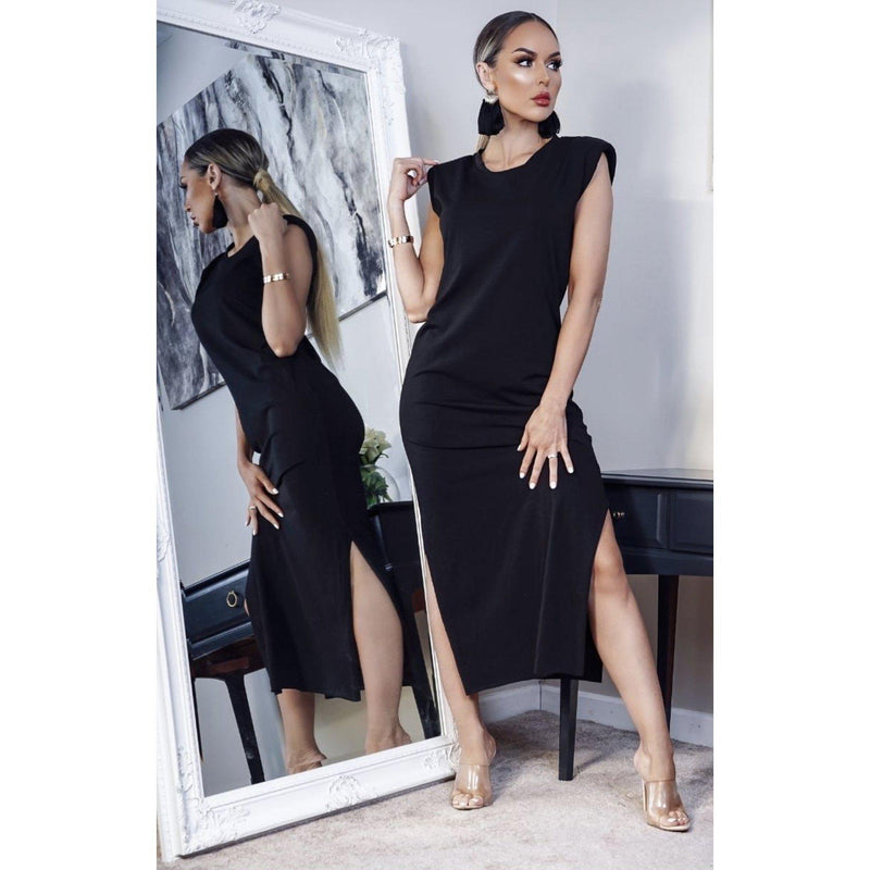 Jasmine Padded Shoulder Maxi Dress| Black-Dresses-La Femme Chic Boutique