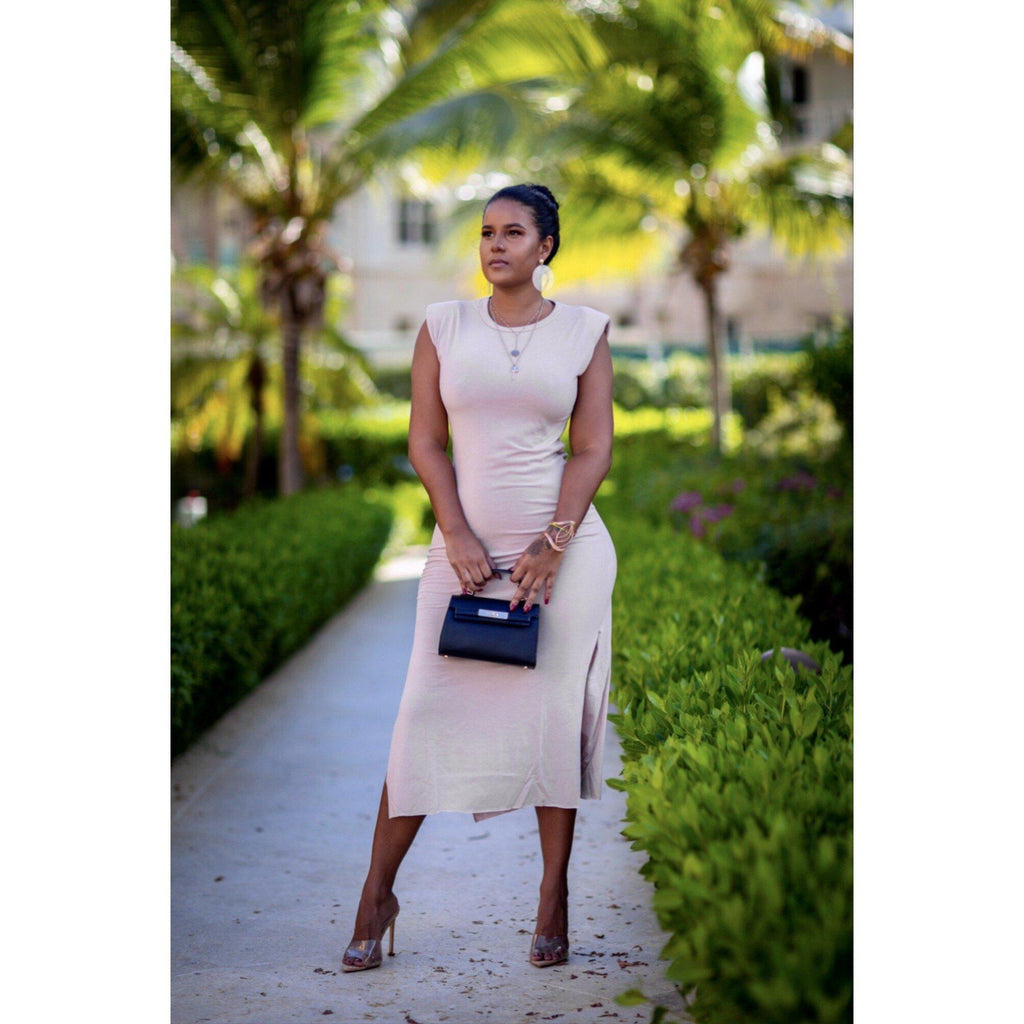 Jasmine Padded Shoulder Maxi Dress| Pink-Dresses-La Femme Chic Boutique